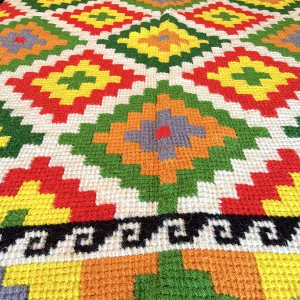 Vintage Handmade Needlepoint Rug 47x40 Geometric Folk Art Tapestry Colorful